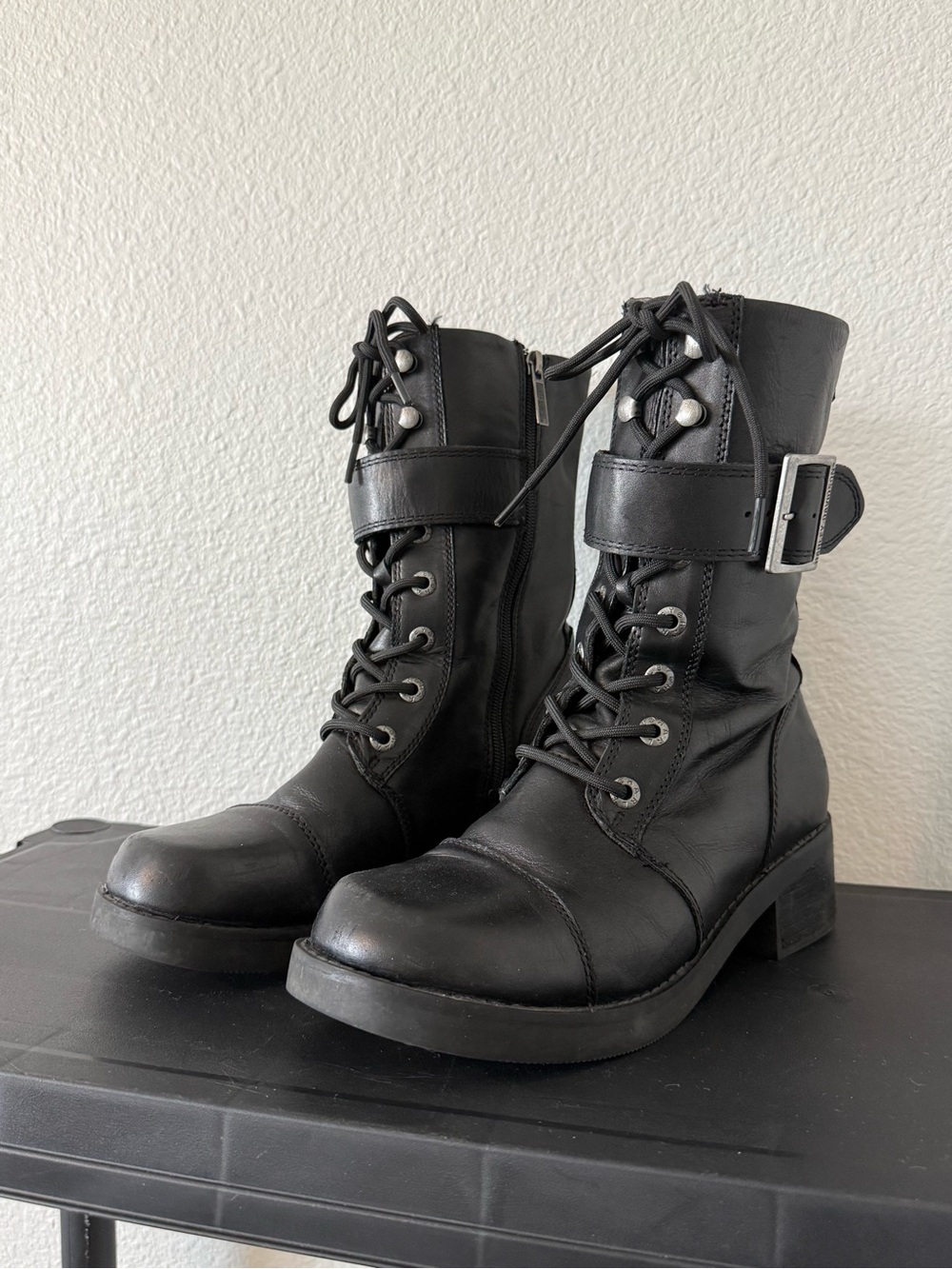 Harley-Davidson Black Lace-Up Moto Boots with Buckle Strap